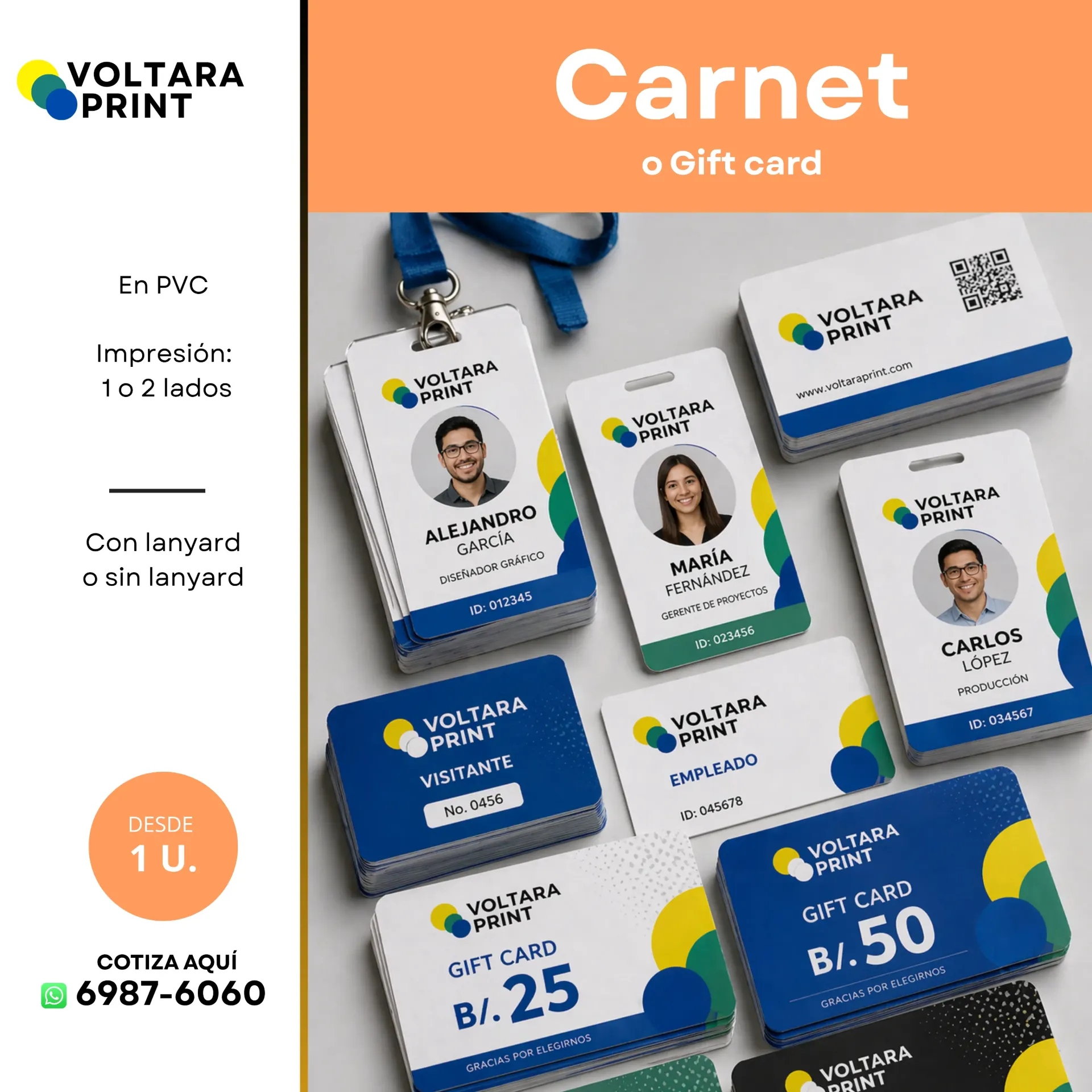 Carnet corporativo o gift card en PVC (1-10, 1 lado)