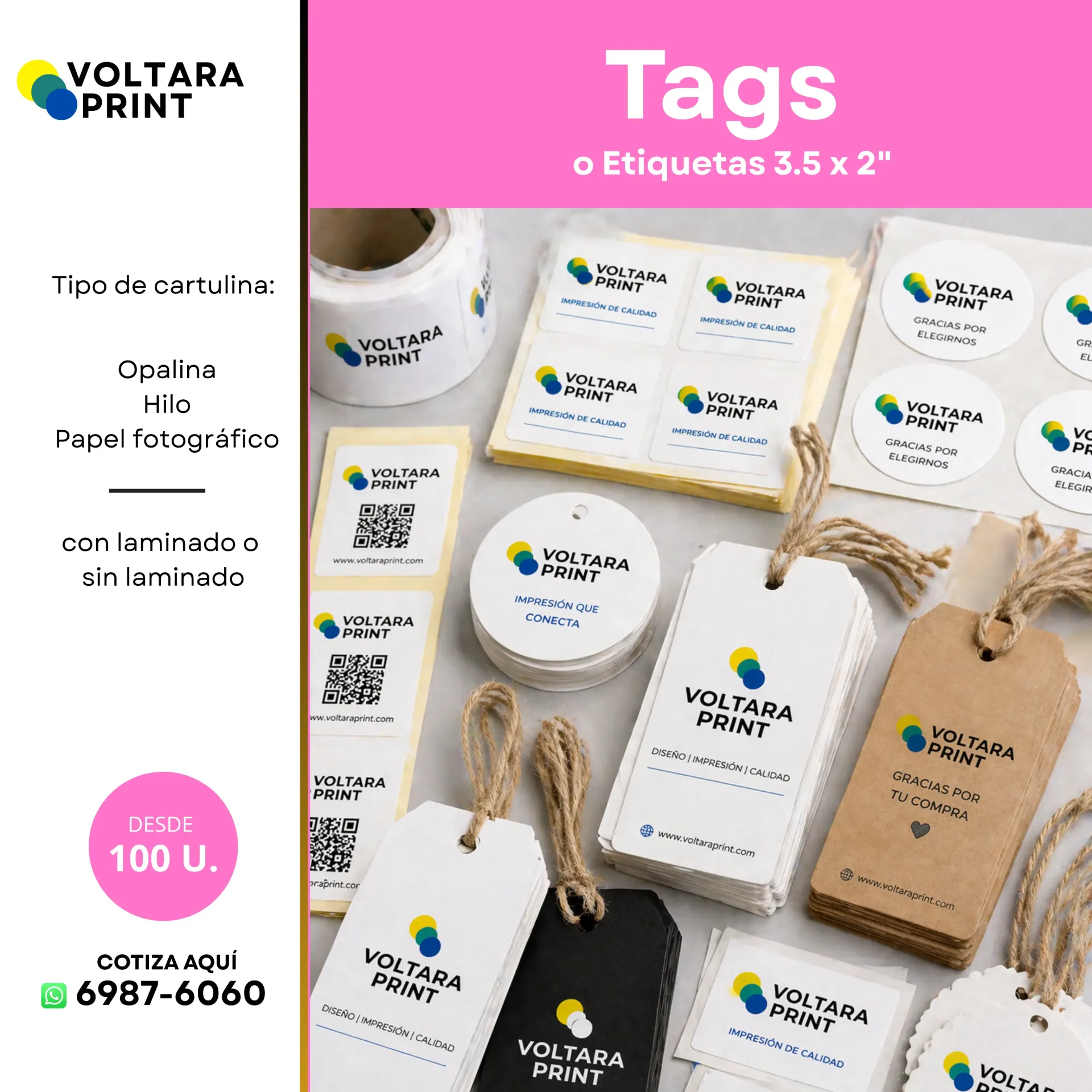 Etiquetas o Tags personalizados (100, 2x2", Tengo mi arte, 1 lado)